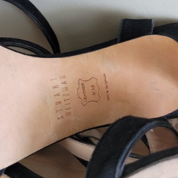 Stuart Weitzman T Strap Black Suede Double Ankle Buckle Strappy Heels Sandals - Picture 14 of 16